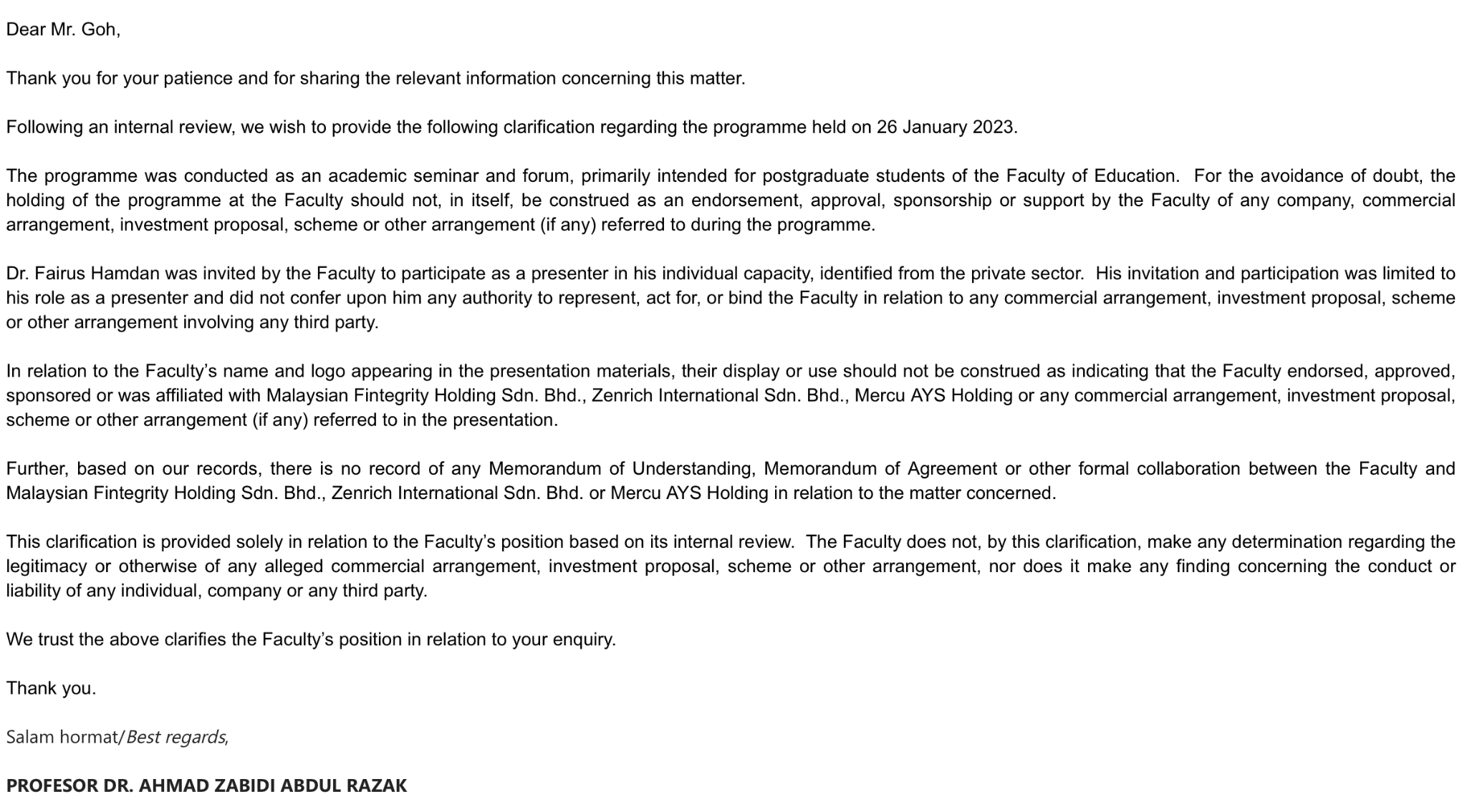 Written clarification concerning the programme held on 26 January 2023