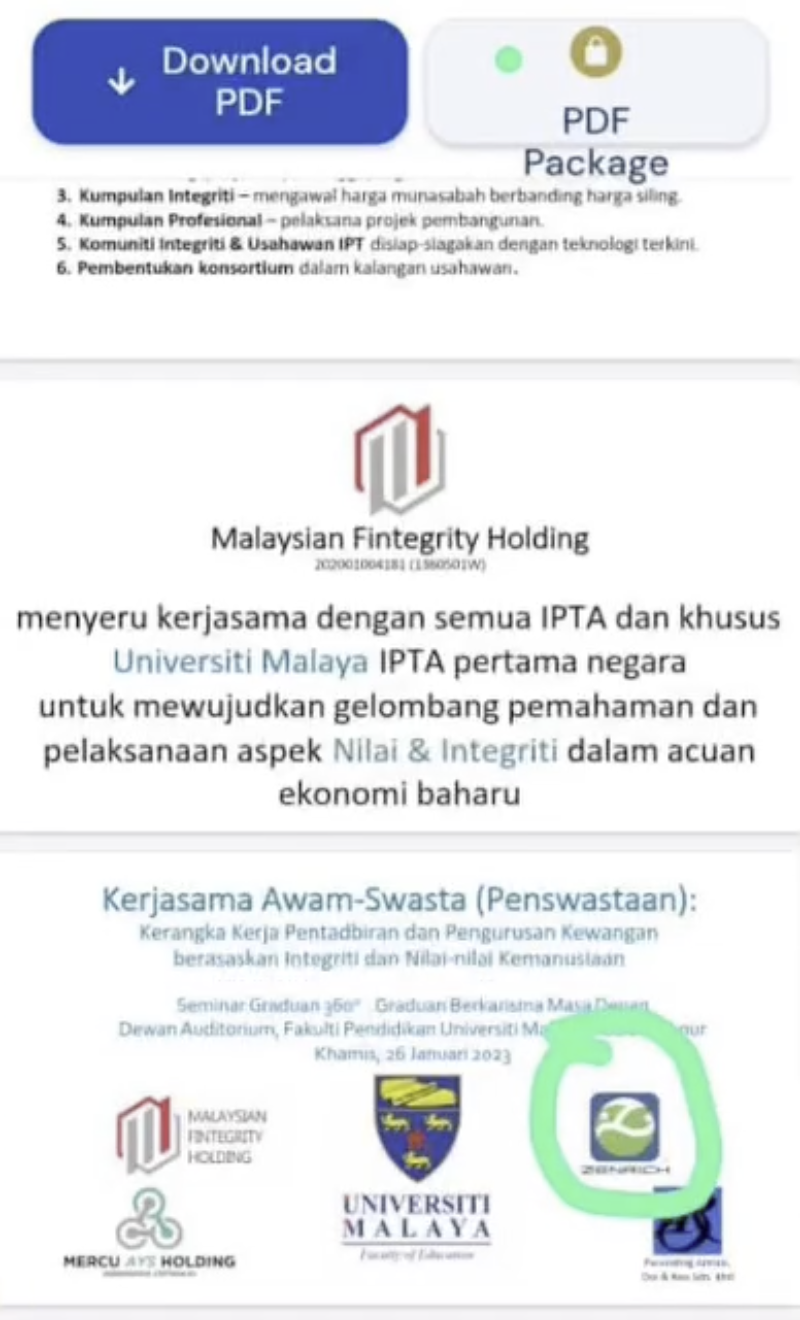 Earlier version of presentation material displaying Universiti Malaya and Mercu AYS Holding logos