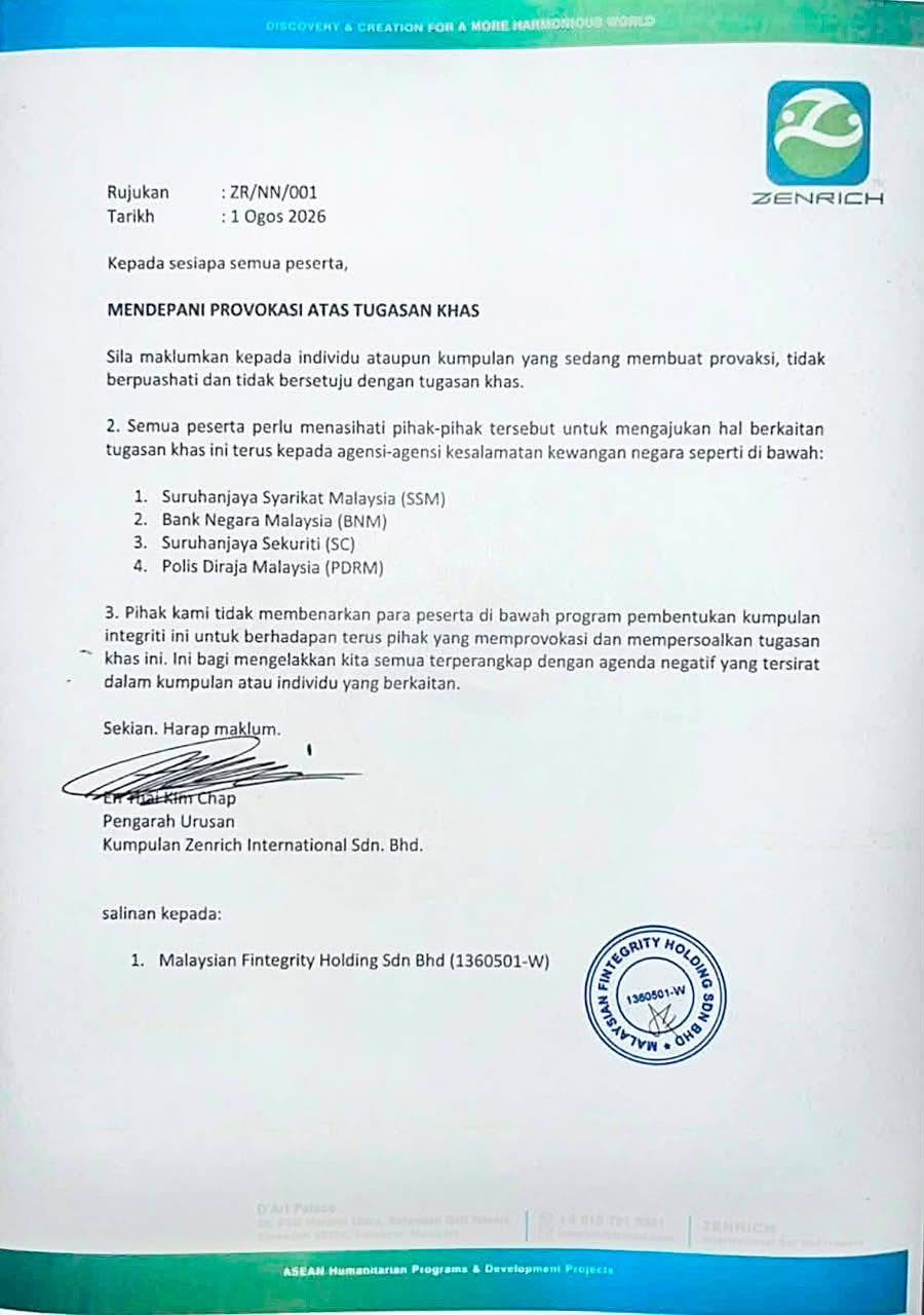 Zenrich letter dated 1 August 2026 copying Malaysian Fintegrity Holding